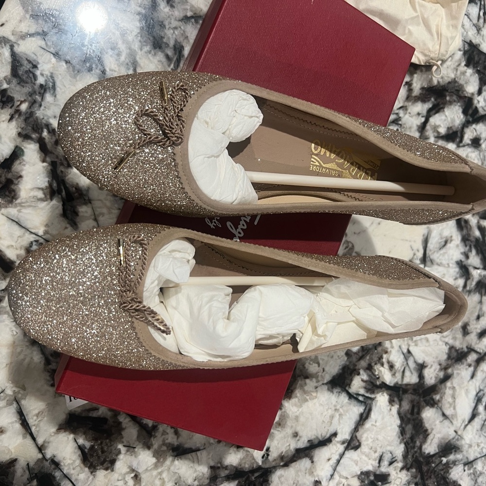 Salvatore Ferragamo Gold Glitter Loafers